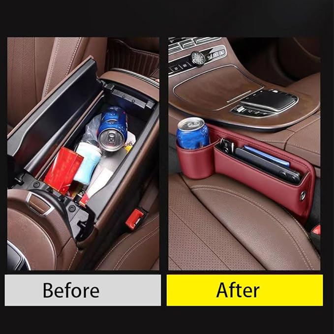 Car Leather Cup Holder Gap Bag for Mobile Phones Glasses Keys Cards Seat Gap Storage Box (2 Pack, Red)