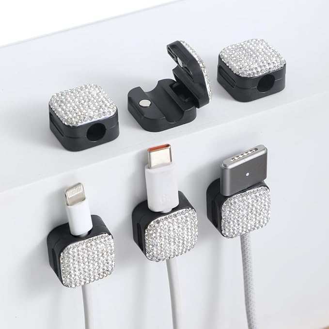 Sparkly Diamond Cord Organizer Holder, 6 Pack Magnetic Desk Cable Clips Management, Hide Phone Charging Cable Keeper, Strong Adhesive Wire Charger Holder for Nightstand, Kitchen Appliances (White)