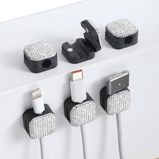 Sparkly Diamond Cord Organizer Holder, 6 Pack Magnetic Desk Cable Clips Management, Hide Phone Charging Cable Keeper, Strong Adhesive Wire Charger Holder for Nightstand, Kitchen Appliances (White)