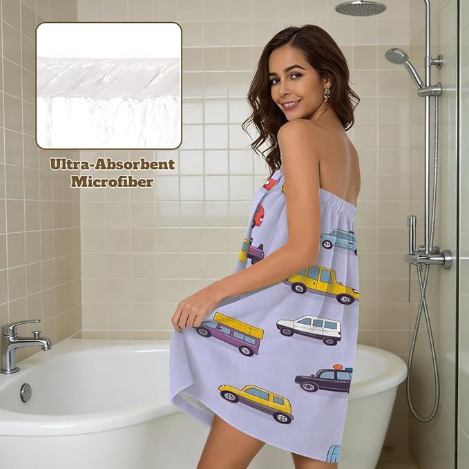 Women's Bath Wrap Cute Cars Pattern Absorbent Shower Spa Body Bath Robe Wraps Bathrobe Towel with Adjustable Closure