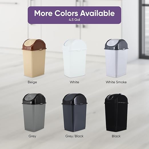 Superio Small Trash Can with Lid 4.5 Gallon Plastic Swing Top Garbage Can Slim Waste Bin for Under Sink/Cabinet, Laundry Room, Kitchen, Office, Bedroom, Bathroom, College Dorm, 18 Qt, Gray/Black