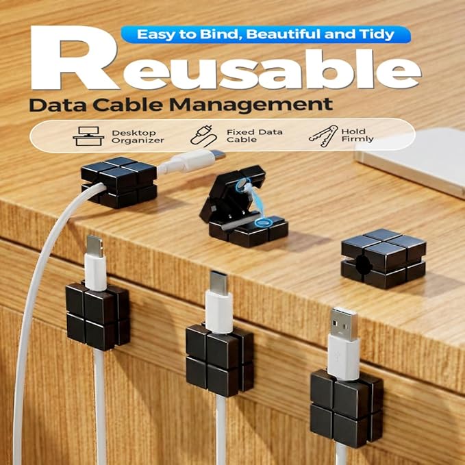 Magnetic Cord Organizer Holder, Upgrade Cord Holder for Nightstand, Adhesive Wire Cable Clips Management Kit for Phone Charger, Computer, Home, Office, Desk, Nightstand (Black-A, 12 Packs)