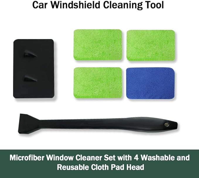 Windshield Cleaner, Window Cleaner Tool, Microfiber Window Cleaning Tool with 4 Washable and Reusable Cloth Pad Head & Extended Handle, Car Accessories for windshield Cleaning