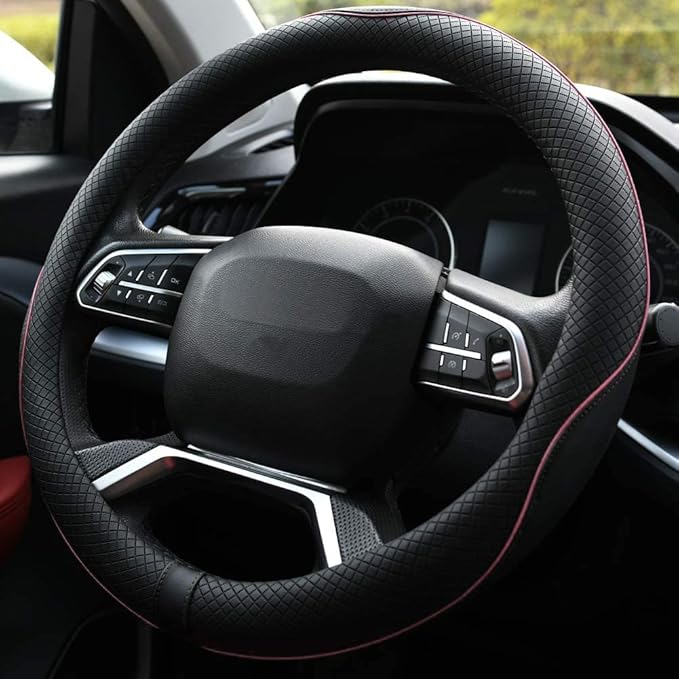 Rueesh Microfiber Leather Steering Wheel Cover Anti-Slip Matte Finish Auto Car Wheel Cover Universal 15 Inch Wheel Cover for Car Embossing Pattern (Pink Line)