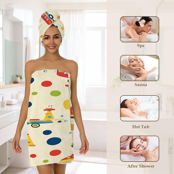 Women Bath Wrap Hair Towel Drying Cap Set Cartoon Colorful Trucks Cars Soft Absorbent Bathrobe Shower Wraps with Adjustable Closure Spa Bath Robe