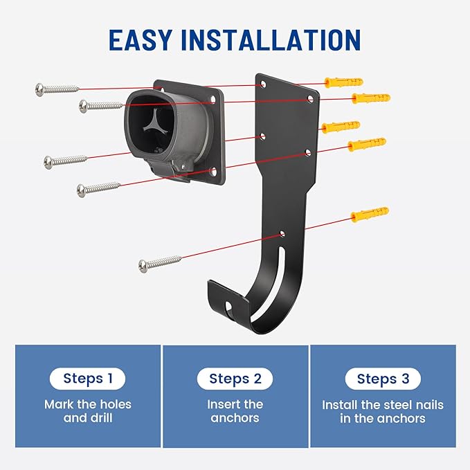 Anina EV Charger Holder for Tesla Car Charging Plug J-Hook Wall-Mount Electric Vehicle Cable Organizer Compatible with Tesla Model X/Y/3/S Heavy-Duty Steel Nozzle Holster Dock