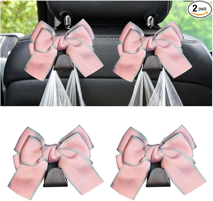 Mandark 2PCS Car Seat Headrest Hooks, Cute Bow Vehicle Hooks for Purses and Bags, Auto Purse Hook Hanger Interior Decoration Accessories, Universal for SUV, Sedan, Truck (Pink Line)