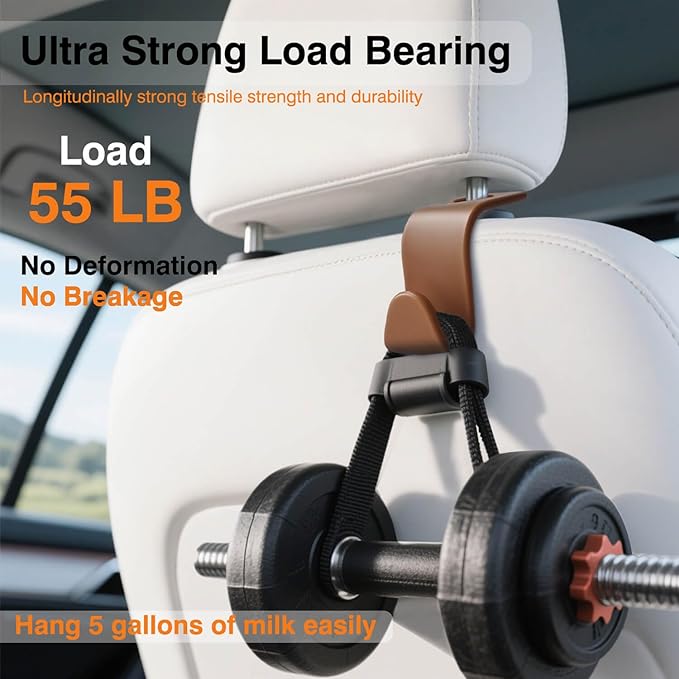 Car Seat Hooks & Purse Holder - 4 Pack Boxed,55 lb Heavy Duty,Eco PP Car Hooks for Purse/Bag/Baby Gear/Gym Bag/Groceries/Cup/,Fits 0.32-0.55”Car Headrest Rods (Brown)