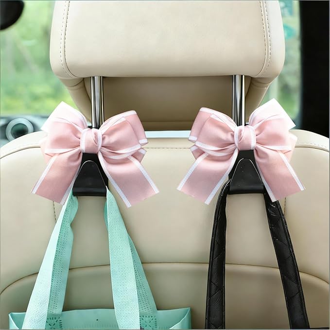 2PCS Car Seat Headrest Hooks, Cute Bow Vehicle Backseat Storage Hanger for Handbag Umbrella Coat, Automotive Seat Back Hook Holder Organizer Decor, Universal for Vehicles (Pink)