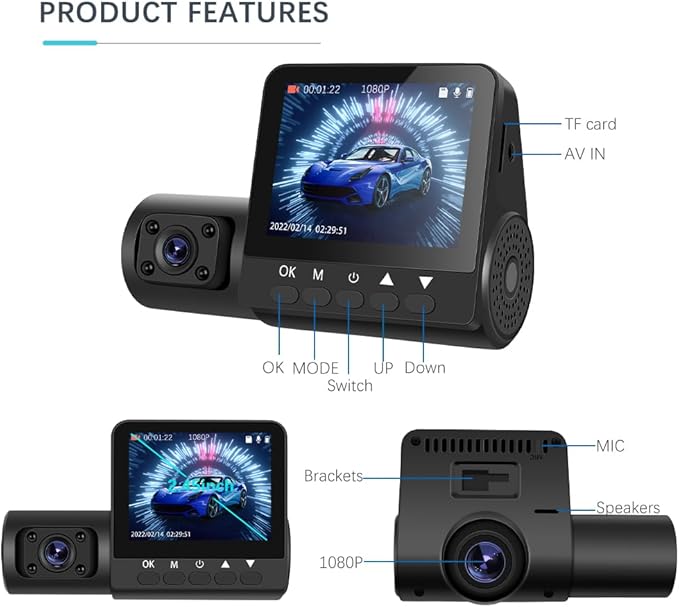 3 Channel Dash Cam 1080P Front and Rear Dash Camera for Cars Mini Dashcam Night Vision, Loop Recording, 24H Parking Mode, Waterproof