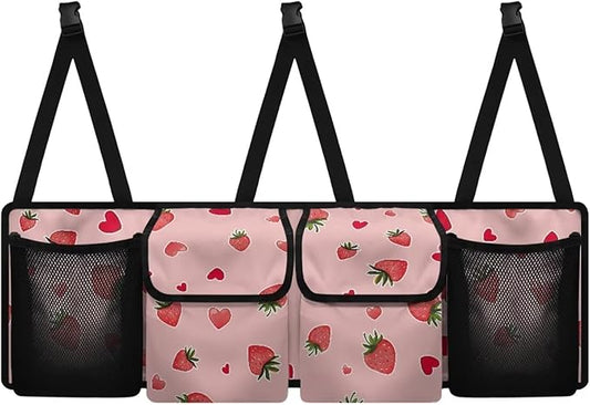 Strawberry Trunk Seat Organizer Back Seat Hanging Organizer for SUV, Sedan, Pink Trunk Oxford Cloth Bag, Equipped with Robust Elastic Net, Space Saving Expert