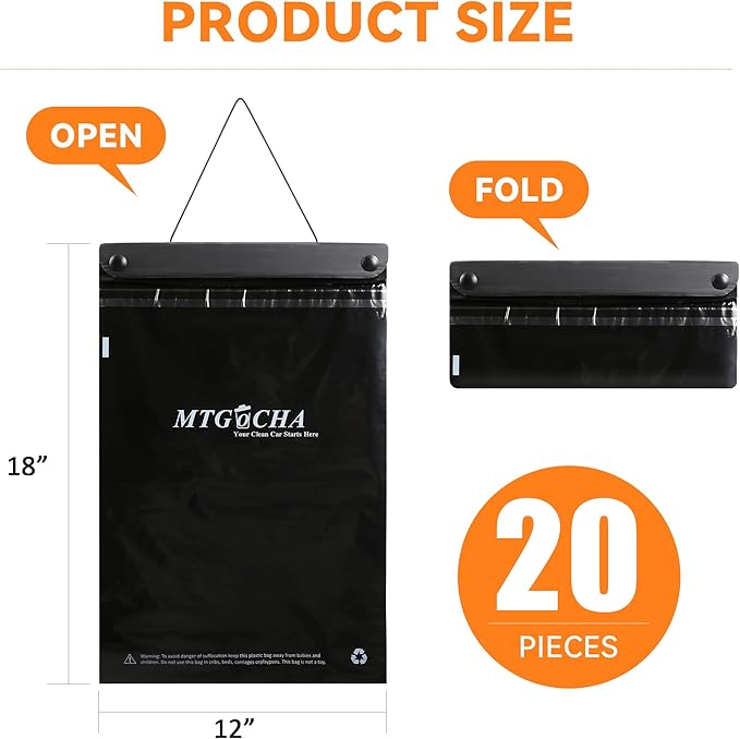 Disposable Car Trash Bags Hanging (Set of 20) - Leak-Proof, Smell-Proof, 18 x 12Inches Recycled Car Garbage Bags, Automobile Trash Container, Road Trip Essentials, Black-Large