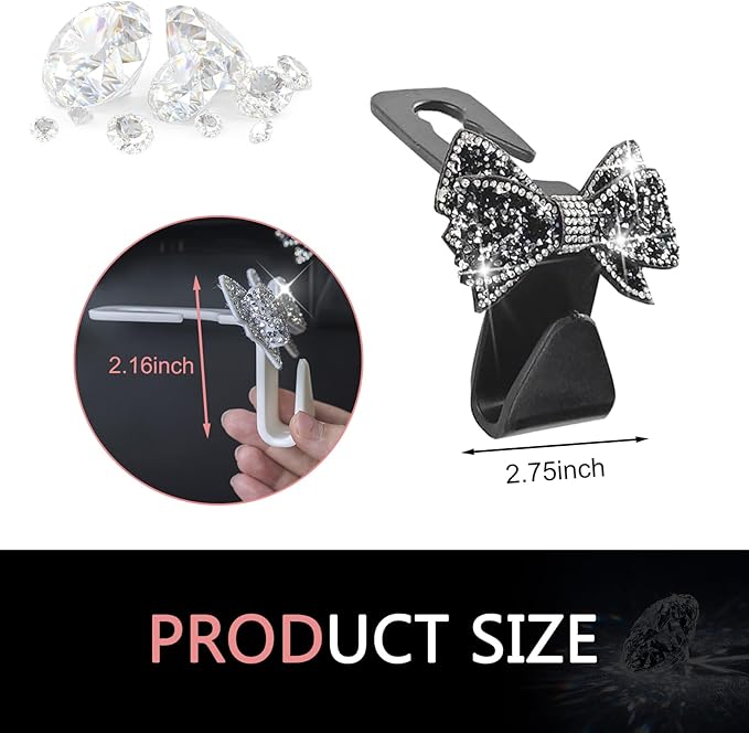 2 PCS Bling Bow Car Seat Headrest Hooks, S Type Crystal Seat Back Hangers, Universal Vehicle Storage Organizer for Handbag, Purse, Coat, Grocery Bags (Black)