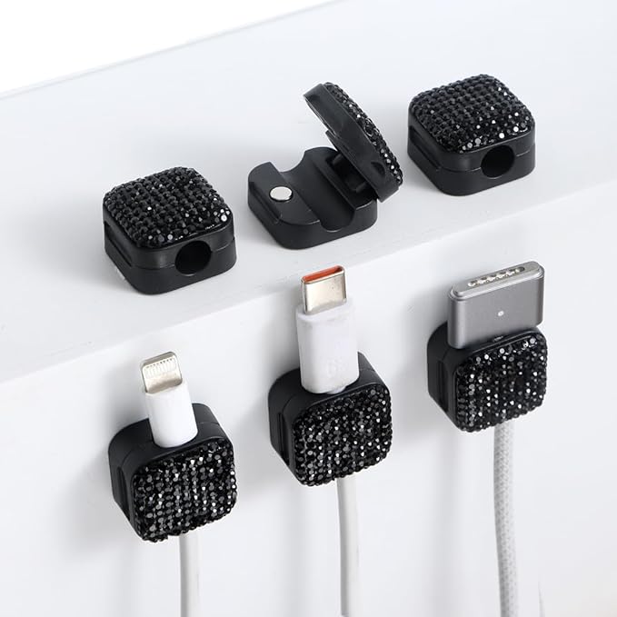 Sparkly Diamond Cord Organizer Holder, 6 Pack Magnetic Desk Cable Clips Management, Hide Phone Charging Cable Keeper, Strong Adhesive Wire Charger Holder for Nightstand, Kitchen Appliances (Black)
