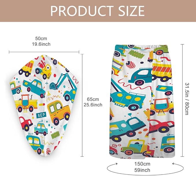 Women Bath Wrap Hair Towel Drying Cap Set Cartoon Colored Truck Cars Soft Absorbent Bathrobe Shower Wraps with Adjustable Closure Spa Bath Robe