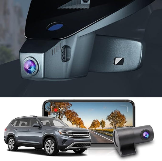 Fitcamx Front 2K+Rear 1080P Dash Cam Adapts for Volkswagen Atlas 2018-2026 (Model B, Wide Body) & Cross Sport 2020-2026, OEM Look, Dual HD Video, WiFi & APP, Loop Recording, Parking Mode, 64GB Card
