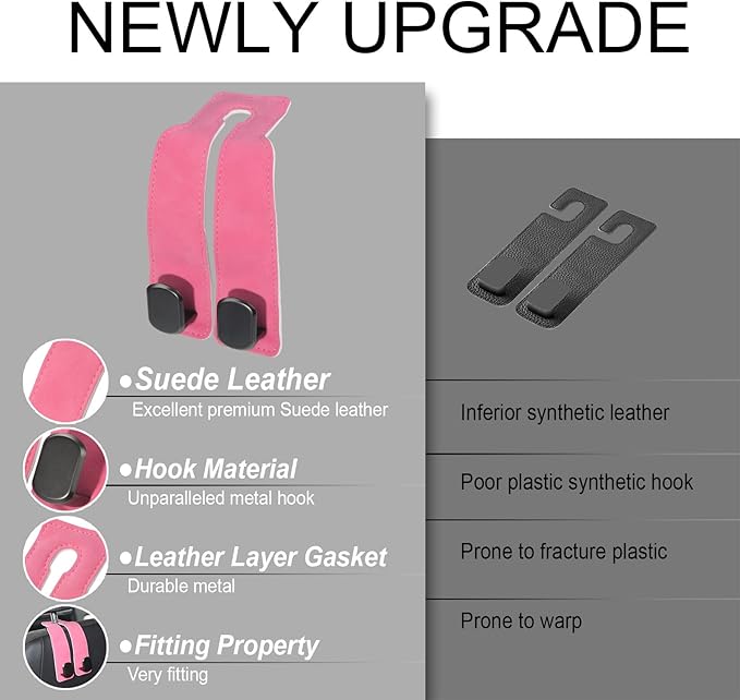 Purse and Bag Hook for Car, Zinc Alloy Seat Headrest Hooks, Upgraded Leather Cute Car Seat Back Purses Hanger and Bags Holder (Pink, 2Pack)