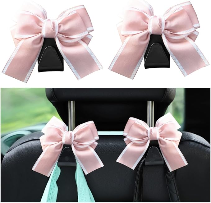 Car Seat Headrest Hook, 2PCS Cute Bow Knot Vehicle Seatback Hanging Storage Organizer, Seat Back Hanger for Purse Coat Umbrella, Universal Automotive Interior Decor Accessories (Pink)