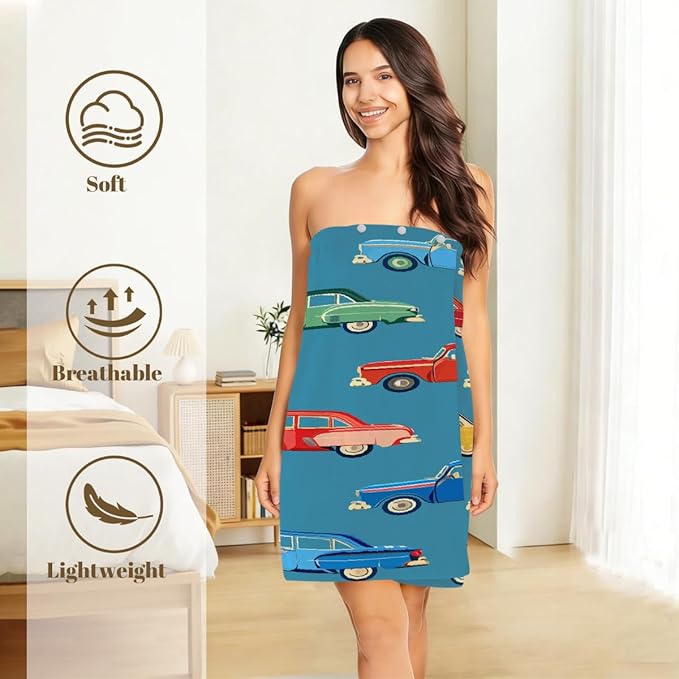 Towel Wrap for Women, Wearable Towel Dress Spa bathrobe with Adjustable Closure(Cartoon Retro Vintage Car)