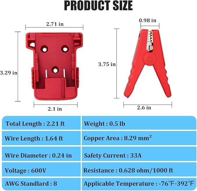 8AWG Car Jumper Cables Adapter with Alligator Clips, 2FT M18 18V Silicone Vehicle Wire Jumper Starter Clamps, Heavy Duty Automotive Booster Power Tool Line, Universal Fit