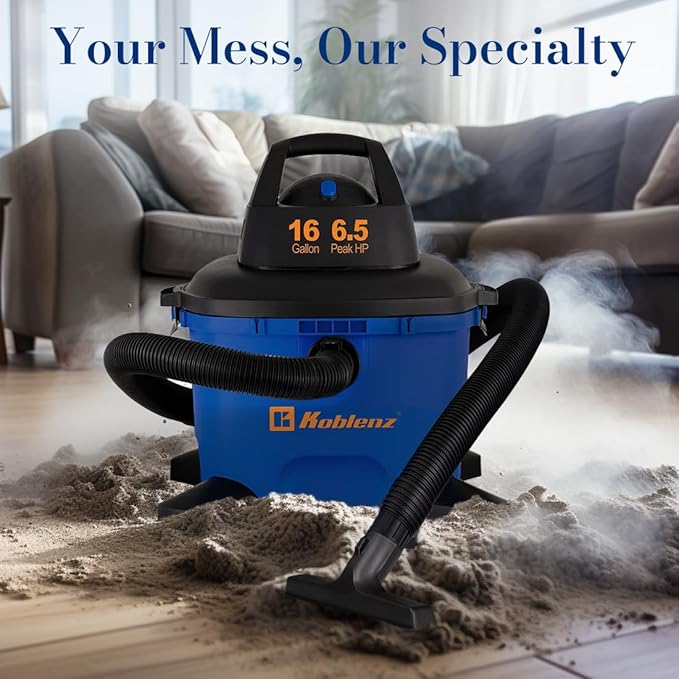 Koblenz Wet Dry Vacuum Cleaner, Large 16.0 Gallon Tank, 6.5 HP Powerful Vacuum for Dry and Wet Messes, Vacuum Cleaner and Blower with Drain Plug, Accessories Included, Black+Blue (WD-16 L4)