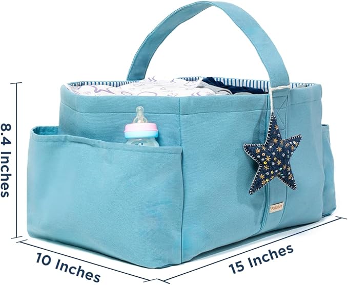 Folkulture Baby Diaper Caddy | Cotton Diaper Bag for Kids - Stylish Comfort Spacious Travel Essential Cart | Nursery Storage Bin and Car Organizer for Diapers, Wipes (Sky Blue - 15")