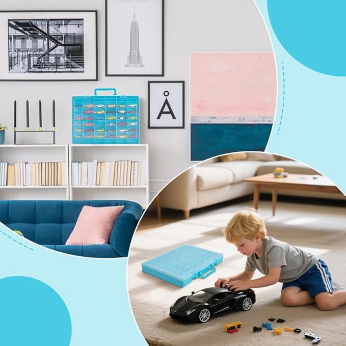 CUTHOLLOW Toy Car Storage Organizer - with 48 Compartments and Adjustable Dividers, Portable Mini Toy Model Cars Display Case Holder for Car Collection, Blue
