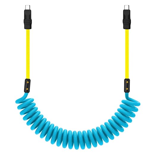 chubbycable Curly Chubby 240W Coiled USB C Cable Retractable Fast Charging Cable for Car Charger Cord Compatible with iPhone 17-15 Series, Blue+Yellow, Type-C to Type-C, 2.29FT-3.6FT