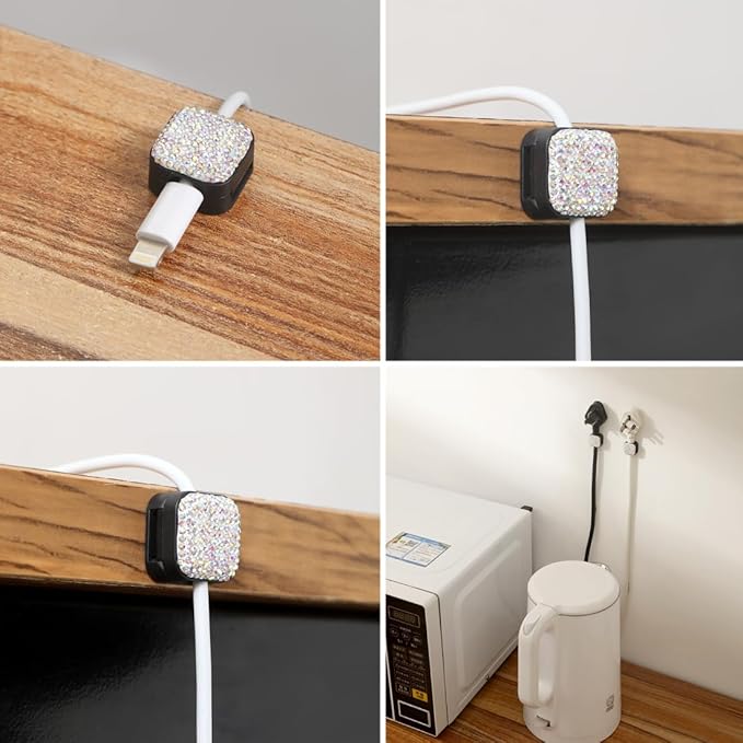 Sparkly Diamond Cord Organizer Holder, 6 Pack Magnetic Desk Cable Clips Management, Hide Phone Charging Cable Keeper, Strong Adhesive Wire Charger Holder for Nightstand, Kitchen Appliances (Black)