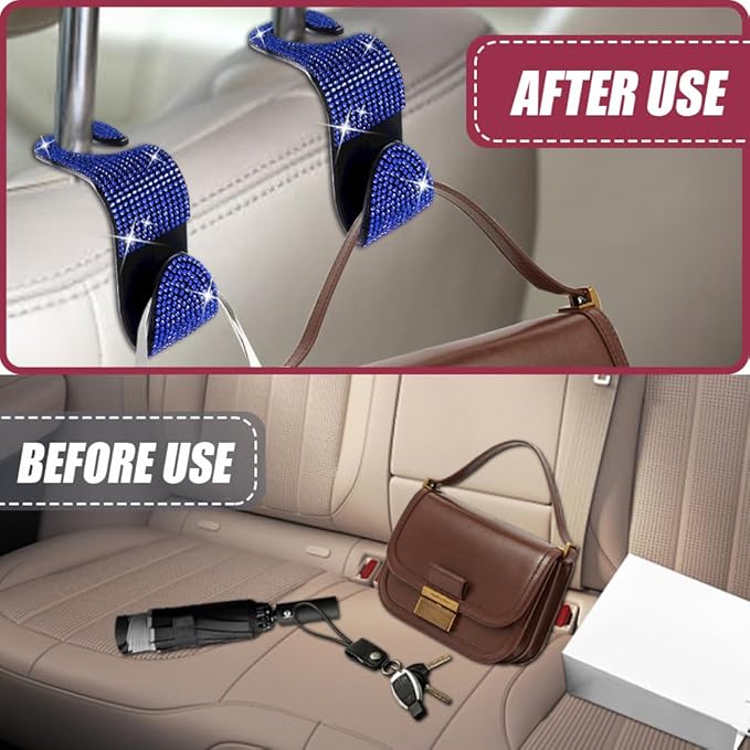 deemars 2 Pack Car Seat Headrest Hook, Bling Car Hooks Front Seat, Back Seat Organizer Hanger Storage Hook Car Purse Hook for Bags, Clothes, Coats, Grocery Bags (Blue)