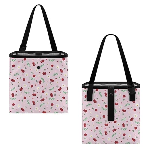 2 Gallons Open-Top Car Trash Can Hanging Car Trash Bag Water Resistant Leakproof Trash Bag Car Accessories for Women, Cherries and Daisy Pink