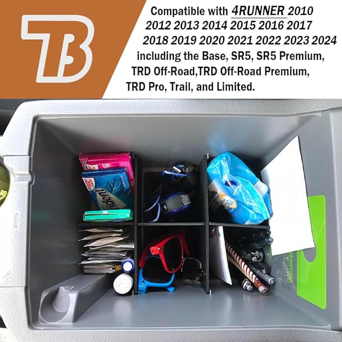 TACOBRO Center Console Organizer Dividers Compatible with 4Runner 2010-2019 2020 2021 2022 2023 2024 Accessories, Armrest Storage Box Compartment Insert ABS Materials, Black