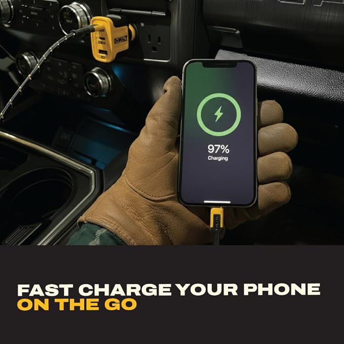 DEWALT 65W PD 3-Port Car Charger – USB-C PPS Fast Charging Adapter for Laptops, Phones & Tablets, Dual USB-C + USB-A Ports, 65W Total Output for Efficient Type C + USB Multi-Device Charging On The Go