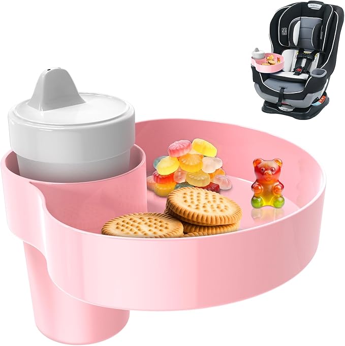Kids Car Seat Cup Holder Snack Tray - Toddler Travel Essentials for Mess-Free Snacking on Road Trips, Travel Accessory Compatible with Safety Seats & Strollers Console, Pink