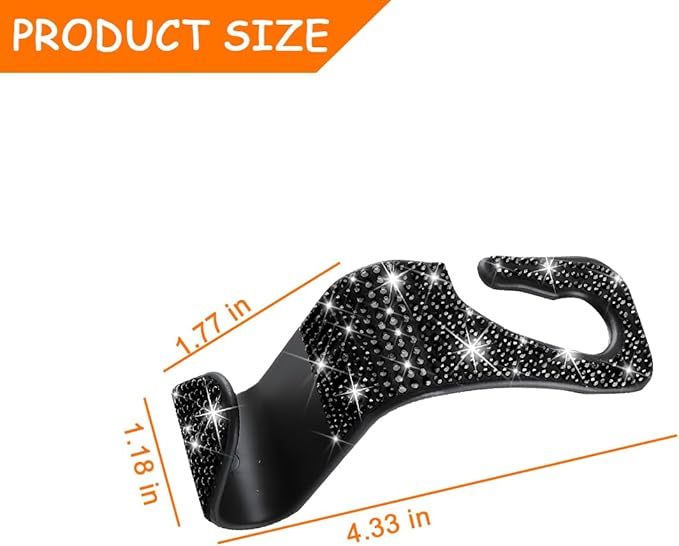 Mandark 4PCS Bling Car Seat Headrest Hooks, Crystal Rhinestone Vehicle Seat Back Hanger for Grocery Purses Handbags, Diamond Auto Seatback Storage Organizer Hanger, Universal for Most Cars (Black)