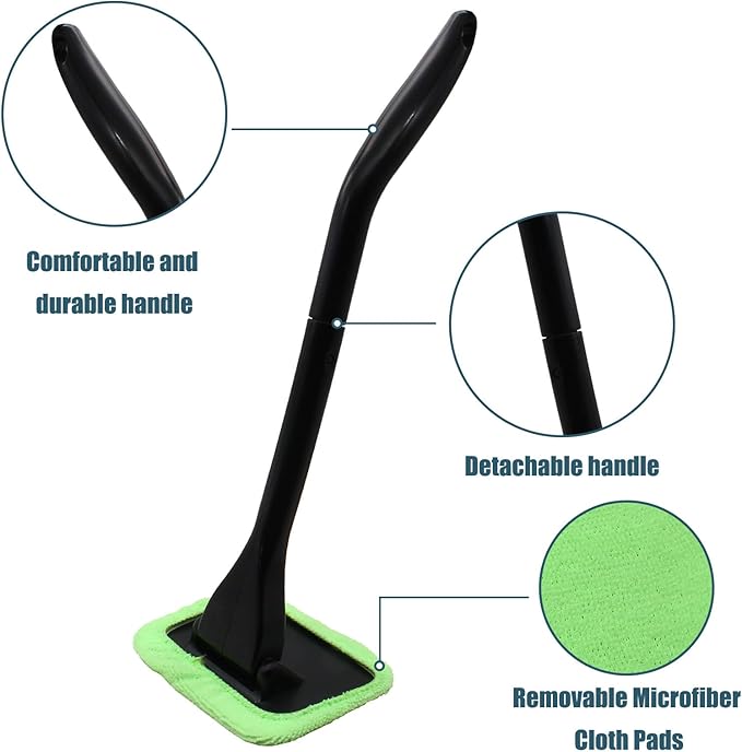 Car Window Cleaner Kit Windshield Cleaning Tool with Extendable Long Handle and 2 Washable Reusable Microfiber Pads, Green