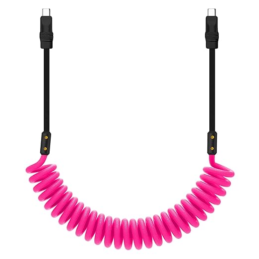 chubbycable Curly Chubby 240W Coiled USB C Cable Retractable Fast Charging Cable for Car Charger Cord Compatible with iPhone 17-15 Series, Pink+Black, Type-C to Type-C, 2.29FT-3.6FT