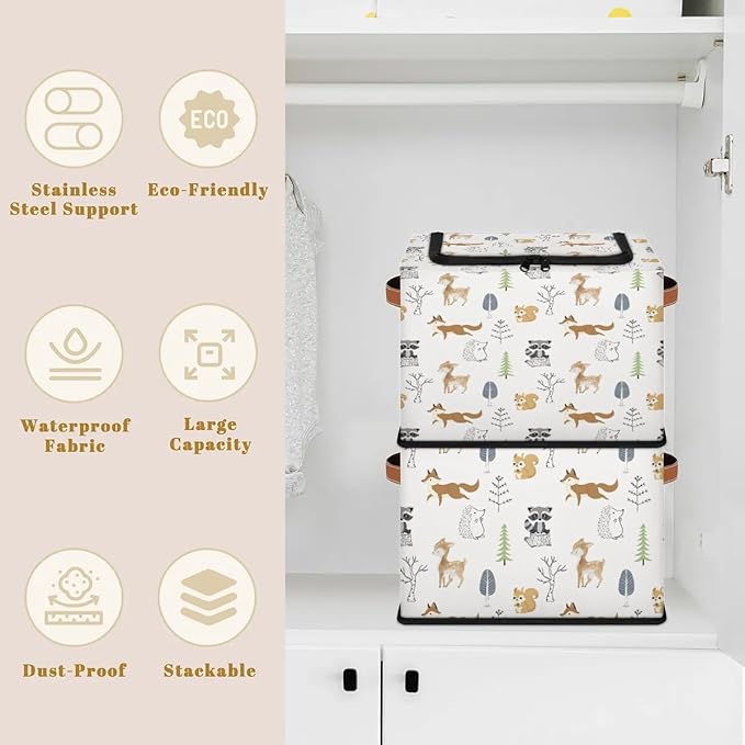 Large Toy Box Collapsible Storage Bins with Lids Closet Storage Baskets for Organizing Shelves Nursery Toy Storage Organizer Boxes for Kids, Boys, Girls (Cute Forest Animal Raccoon Fox)