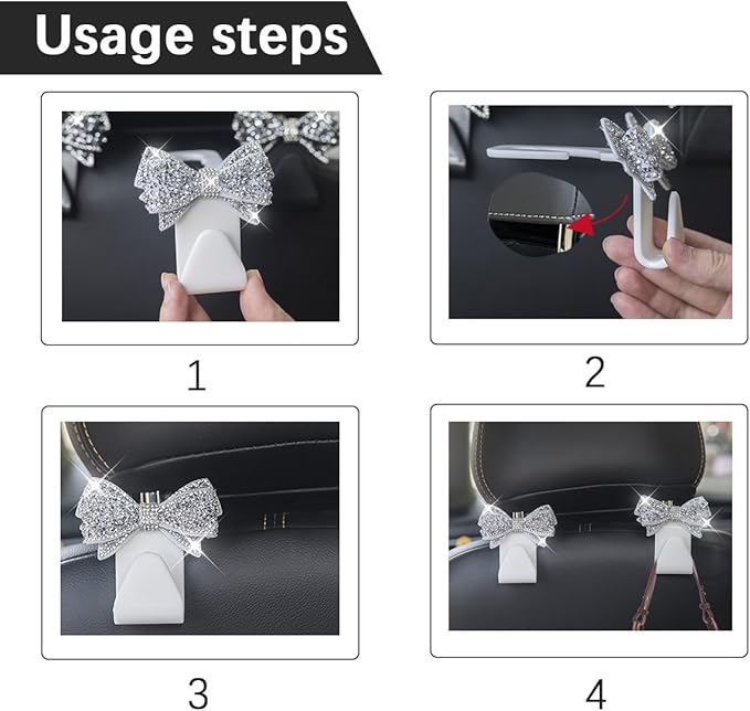 Zpana Bling Car Headreat Hook, 2PCS Crystal Rhinestone Cute Bow Vehicle Seat Back Hanger Storage for Purses Bags Grocery, Diamond Auto Rear Seat Organizer, Universal for SUV Truck Sedan (Black)