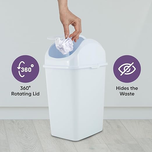Superio Medium Trash Can with Lid 4.5 Gallon Plastic Swing Top Garbage Can Slim Waste Bin for Under Sink/Cabinet, Laundry Room, Kitchen, Office, Bedroom, Bathroom, College Dorm, 18 Qt, White