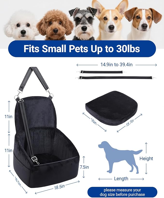 NUPIDA Dog Car Seat for Small Medium Dogs, Dog Booster Seat with Extendable Backrest, Pet Portable Car Seats up to 30 lbs, Washable Travel Bed with Storage Pockets and 2 Safety Leashes, Black
