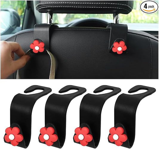 4 PCS Car Headrest Hook, Multifunctional Flower Vehicle Seat Back Storage Hook, Cute Automotive Seatback Organizer Hanger for Purse Grocery Bag Handbag, Universal Fit (Black/Red)