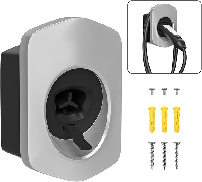 Tesla Charger Holder, Car Tesla Charging Cable Organizer | Nozzle-Holster Dock| Wall Mount| Screws| NACS| Silver-| Electric Vehicle Holder & Wallbox Accessories for Tesla Owners