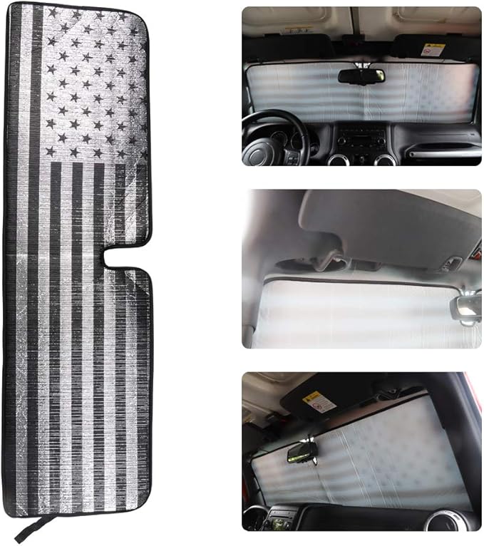 Windshield Flag Sunshade Sun Shade Heat Shield Sun Visor Mat Compatible with Jeep Wrangler Rubicon Sahara TJ JK JKU 2 Door & 4 Door