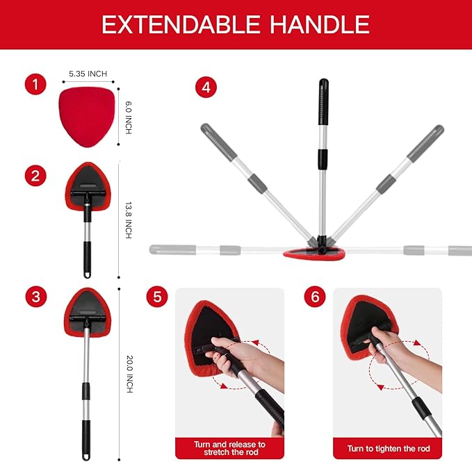 Qydipclin 10pcs Windshield Cleaning Tool Inside Car Window Cleaner Wash Kit with 4 Reusable Microfiber Pads 1 Spray Bottle and Extendable Handle Interior Auto Glass Wiper Kit, Red