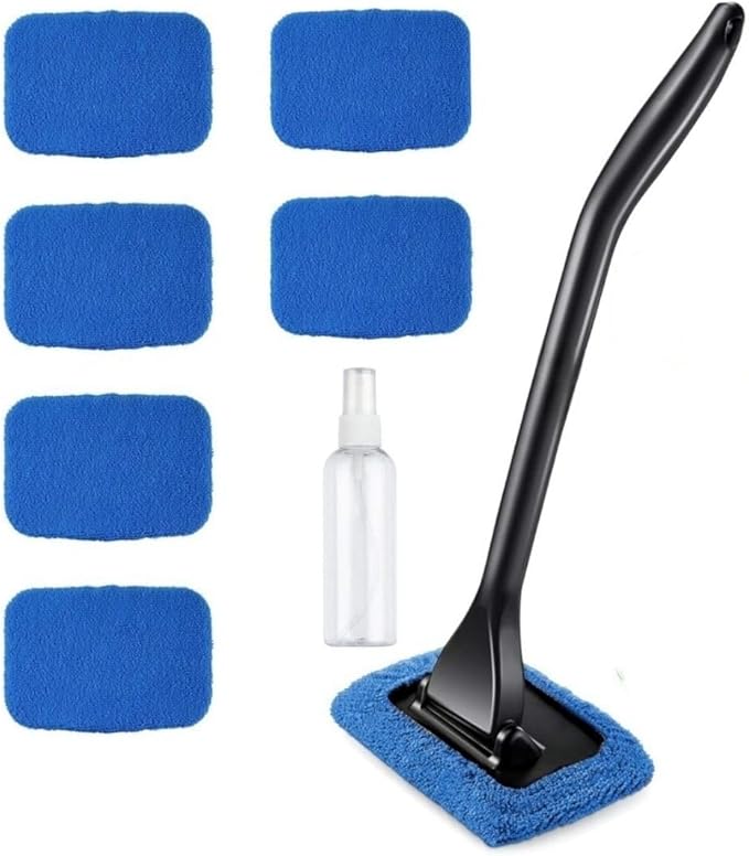 Windshield Cleaner Tool Car Window Cleaner with 6 Reusable and Washable Microfiber Pads and Extendable Handle Auto Inside Glass Wiper Kit (Blue)