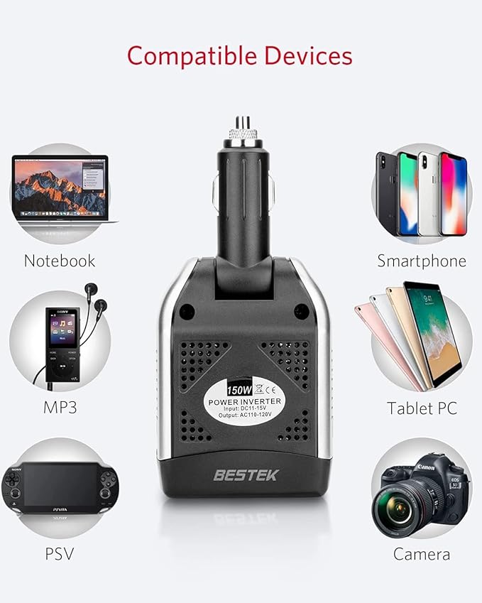 BESTEK 150W Power Inverter, DC 12V to AC 110V Voltage Converter PD 30W QC 18W Dual Charging Ports, Car Charger Power Adapter with Rotatable Plug & Safety Protection for Road Trip, Camping, Laptop