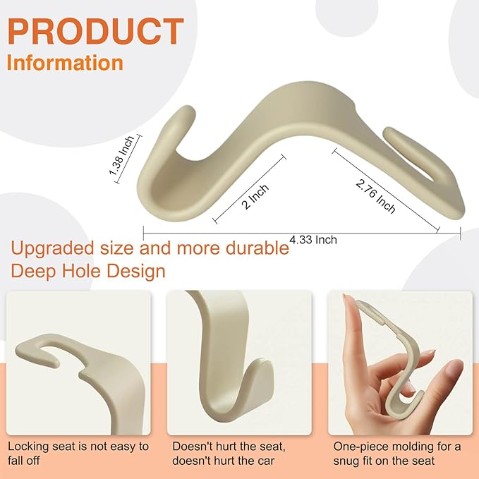 Car Seat Hooks & Purse Holder - 4 Pack Boxed,55 lb Heavy Duty,Eco PP Car Hooks for Purse/Bag/Baby Gear/Gym Bag/Groceries/Cup/,Fits 0.32-0.55”Car Headrest Rods (Beige)