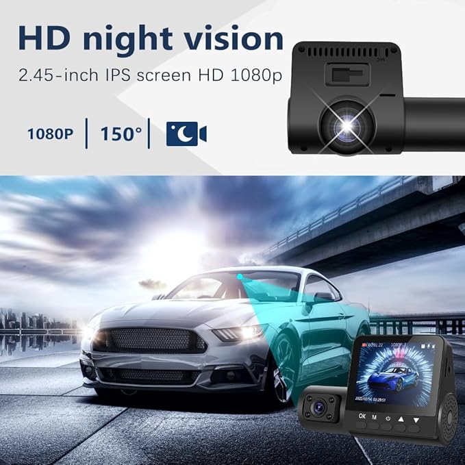 3 Channel Dash Cam 1080P Front and Rear Dash Camera for Cars Mini Dashcam Night Vision, Loop Recording, 24H Parking Mode, Waterproof