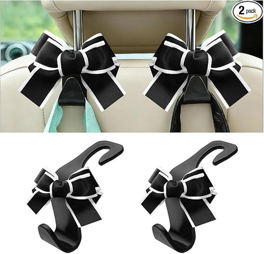 2PCS Car Seat Headrest Hooks, Cute Bow Vehicle Backseat Storage Hanger for Handbag Umbrella Coat, Automotive Seat Back Hook Holder Organizer Decor, Universal for Vehicles (Black/White)